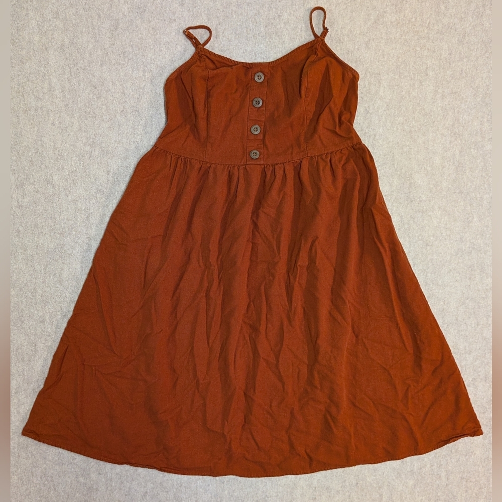 Stella Tweed Rust Button-Front Midi Dress Linen Blend Size Large Pockets
